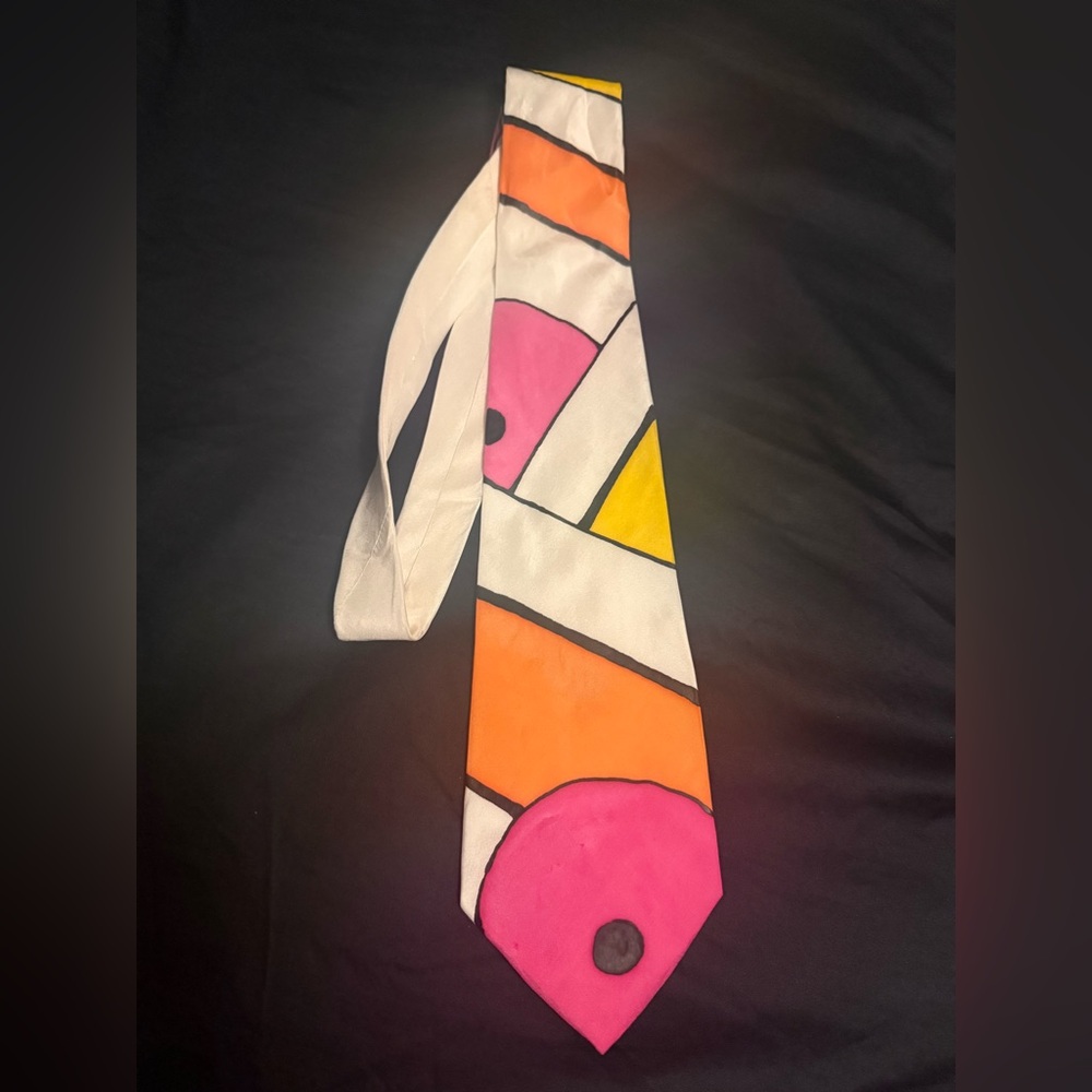 Handmade 100% Silk Abstract‎ Geometric Art Necktie Pink Orange Yellow White